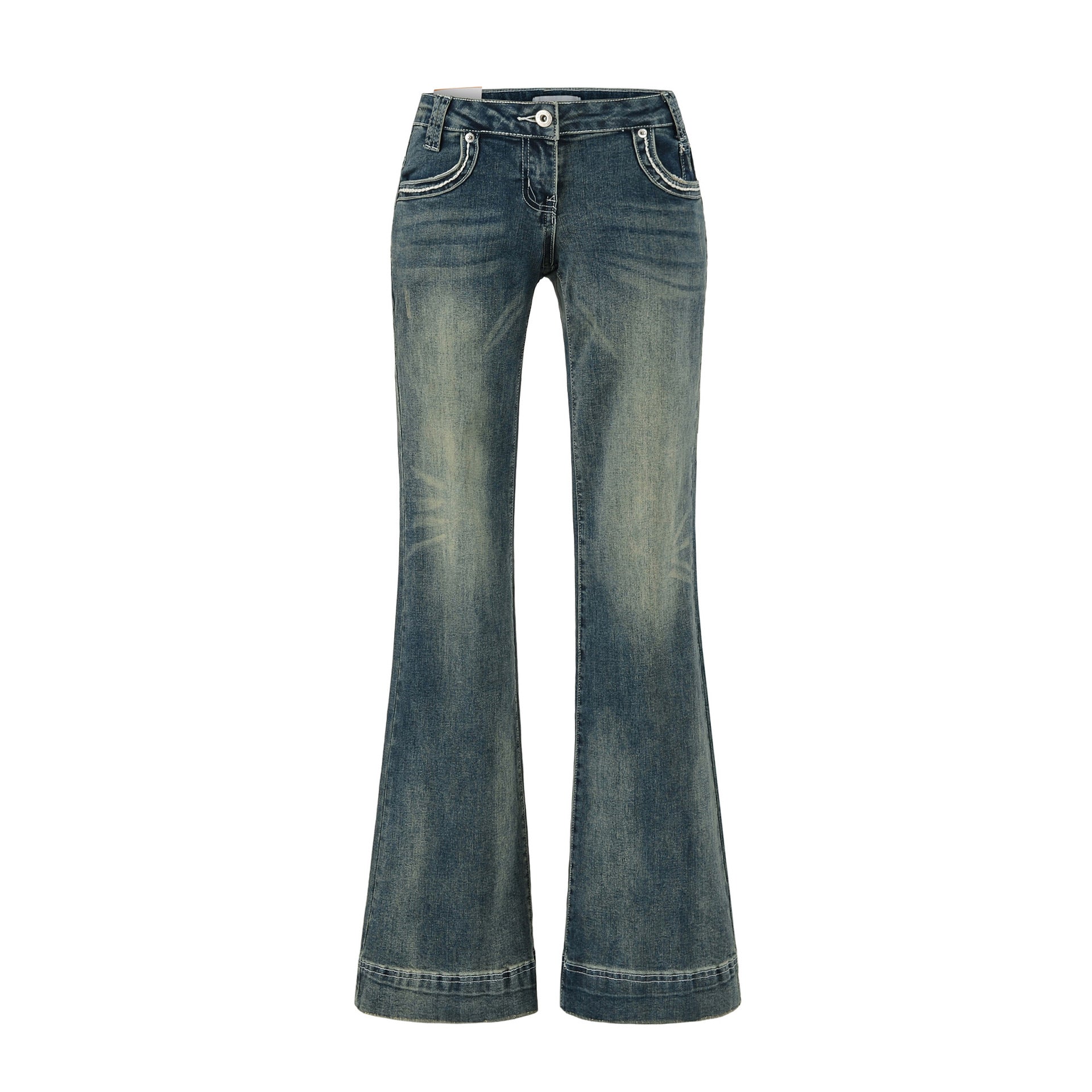 Low-Waist Washed Blue Flared Jeans for Women, Comfortable and Versatile Denim Pants