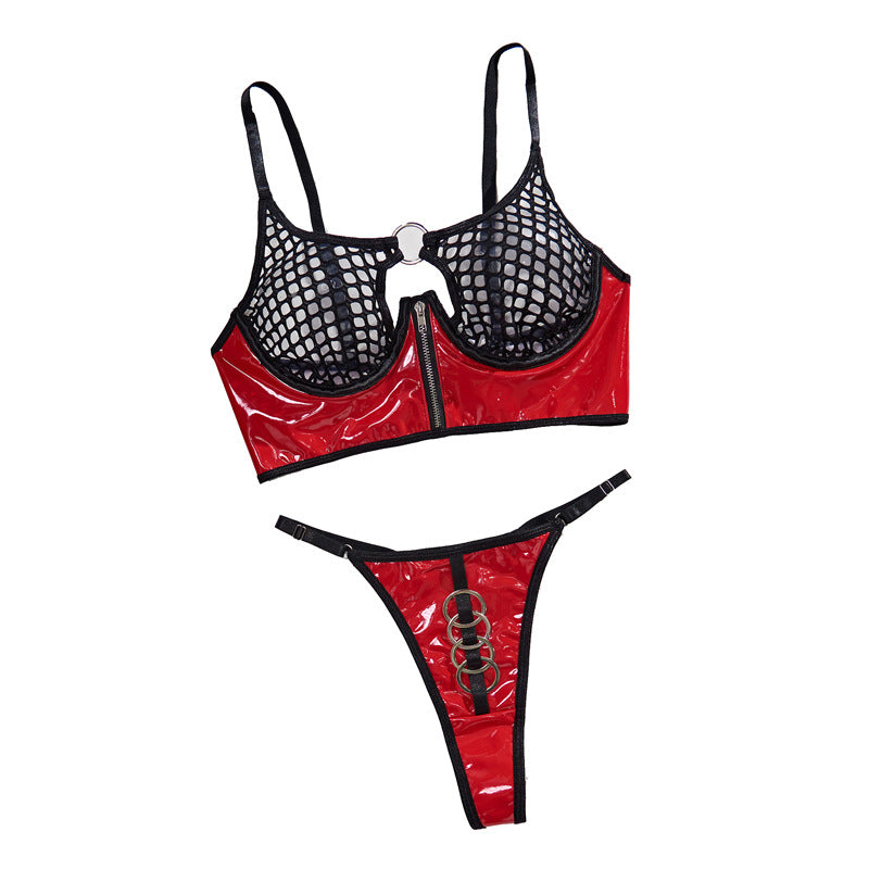 Mesh sexy patent leather women's underwear gathering with steel ring for fun two-piece set