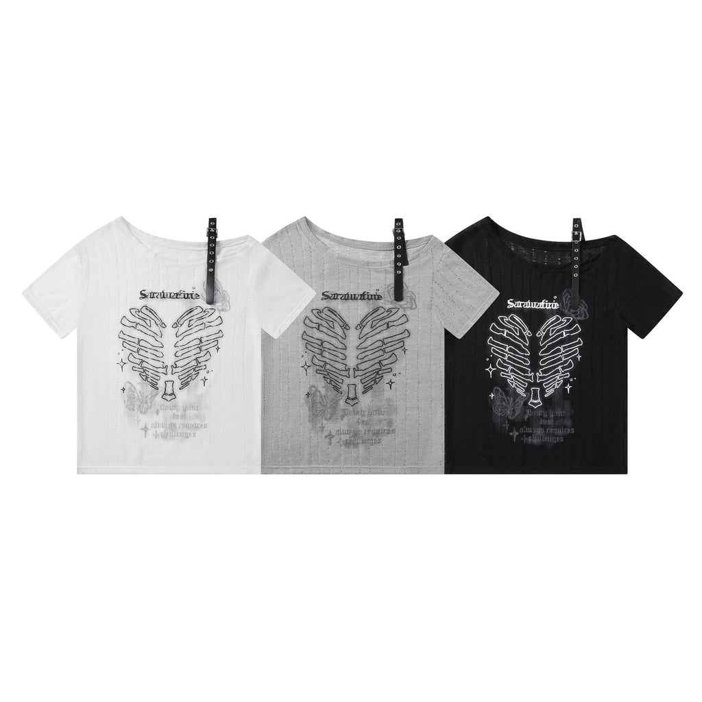 Dark-themed Skeleton Print Top with Color-blocked Leather Buckle Straps