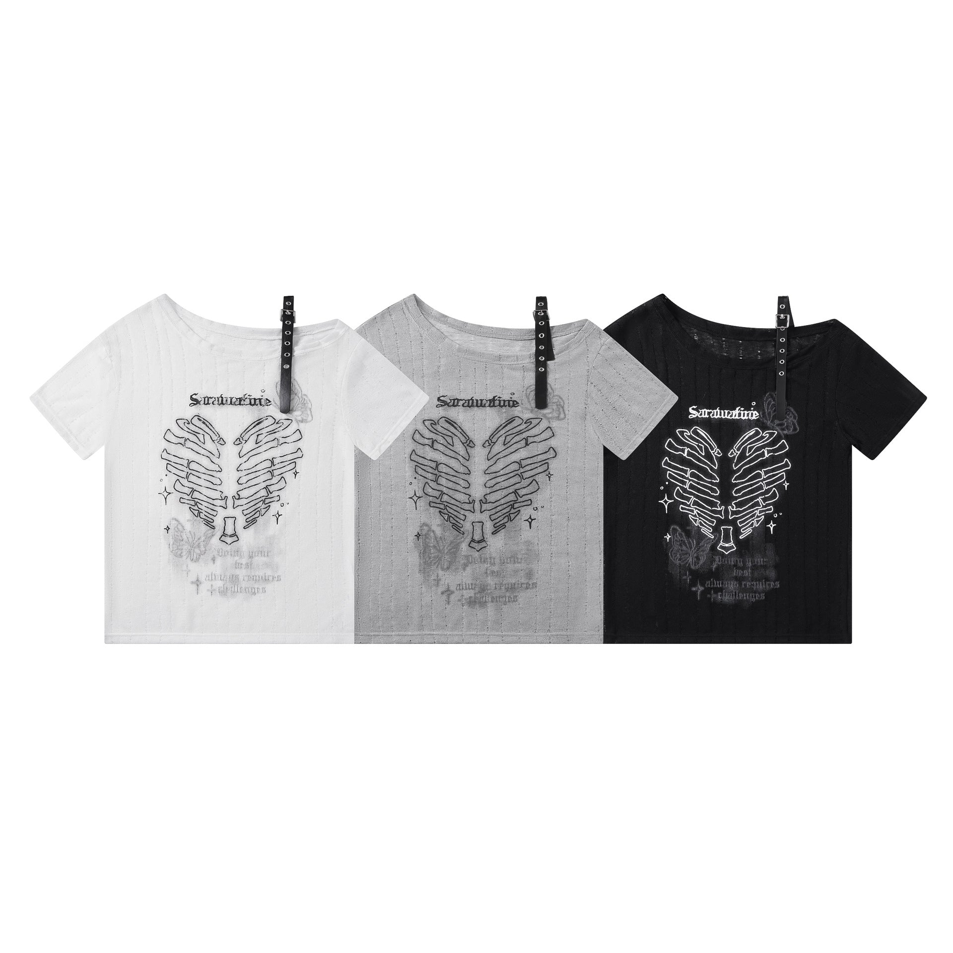 Dark-themed Skeleton Print Top with Color-blocked Leather Buckle Straps