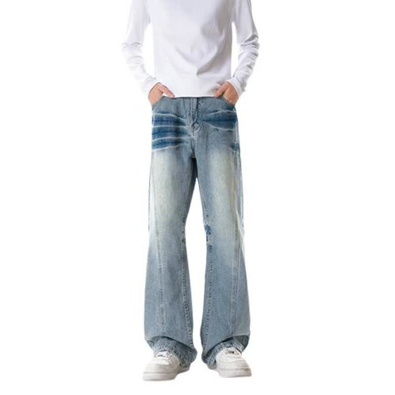 Washed Gradient Denim Pants with Cat Eye Texture and Blue Lightning Pattern