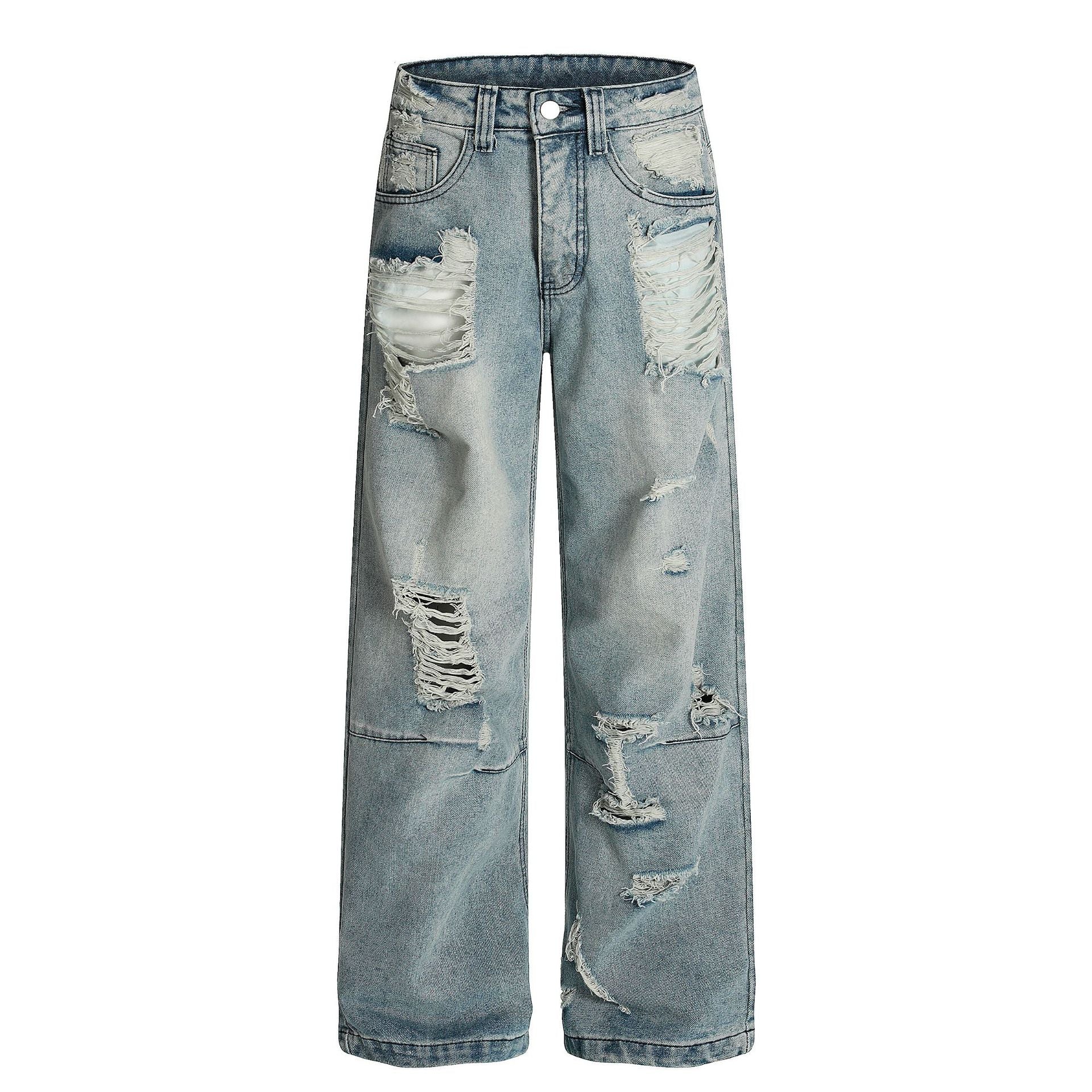 Distressed Wide Leg Jeans Heavy Washed Vintage Look, Unisex Oversized Floor-Length Pants