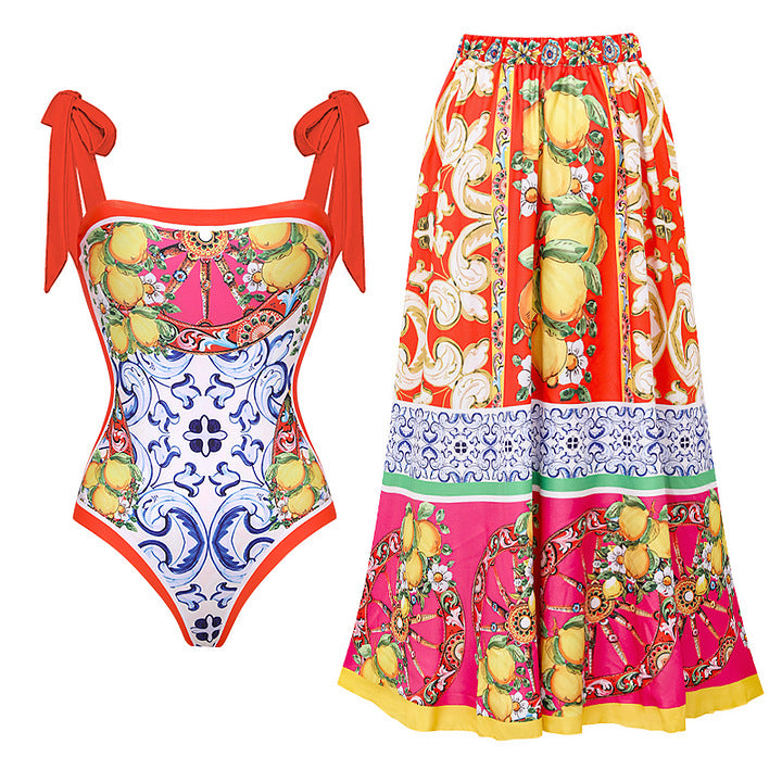 Double-Sided Printed Tie-Bow One-Piece Swimwear Set for Women