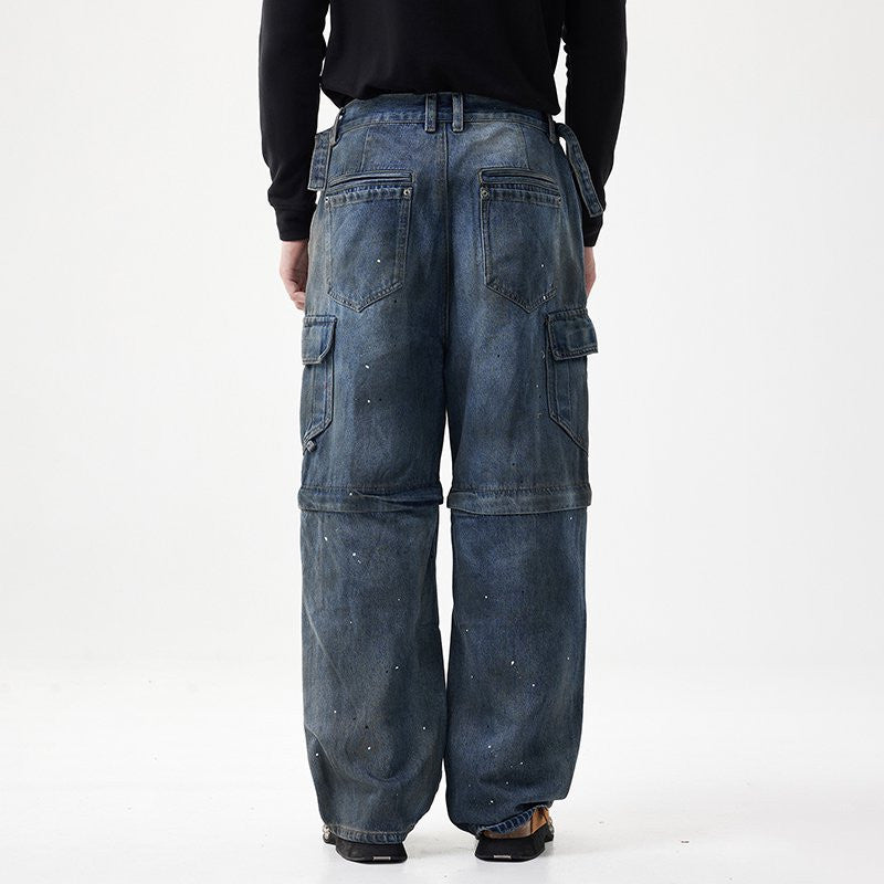 Washed worn dirty multi pocket functional work pants