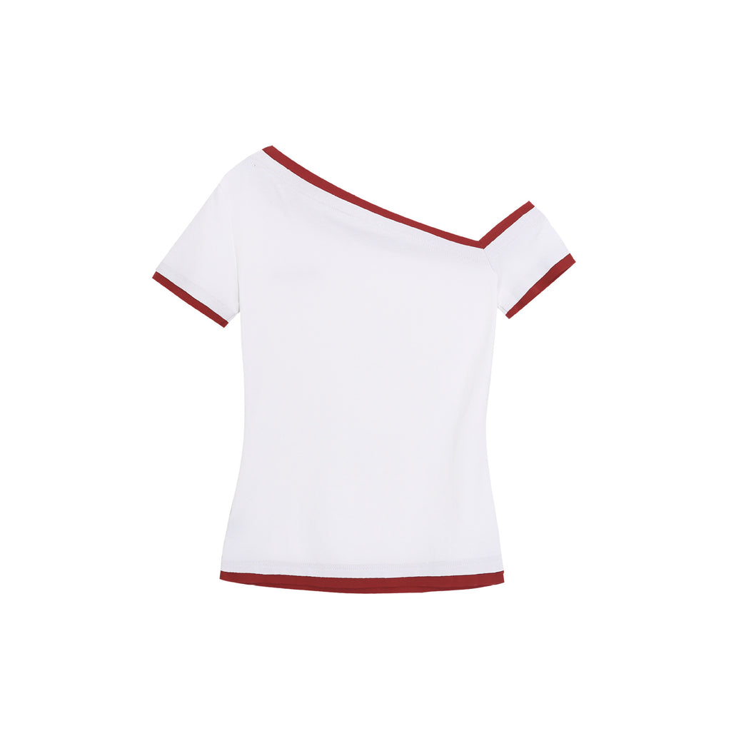 One-Shoulder Color-Block Short Sleeve Top, Faux Two-Piece Slim Fit Revealing Shoulder T-Shirt