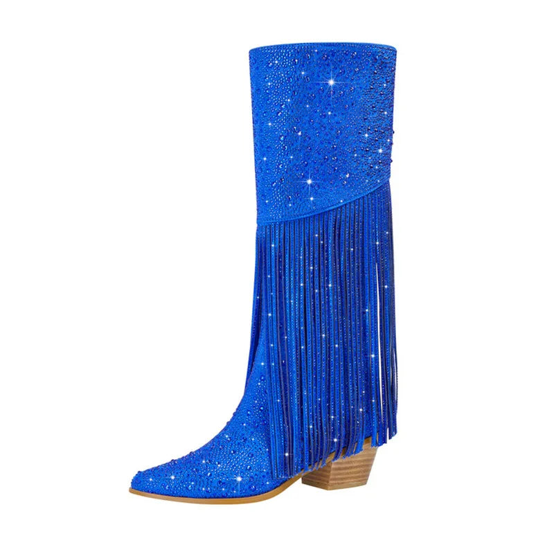 New Women's Thick High Heels Knee Long Women's Boots Fashion Tassel Rhinestone Short Boots Pointed Large Women's Boots
