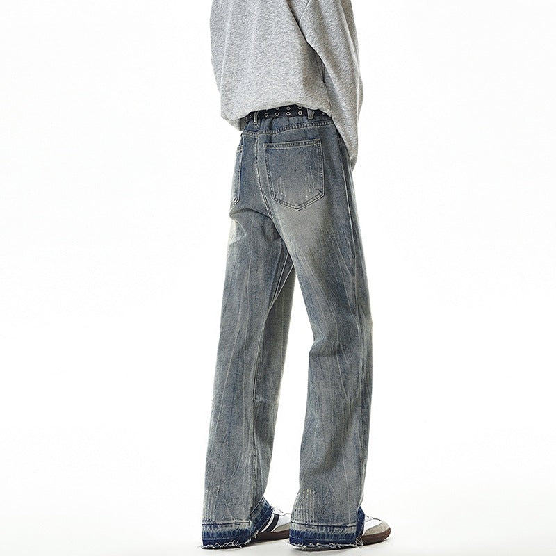 Streetwear Lightning Pattern Washed Denim Pants Men