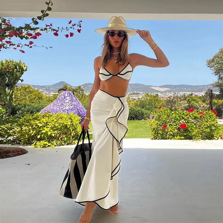 Tie-Up Long Dress Three-Piece Swimsuit, Resort Style Swimwear