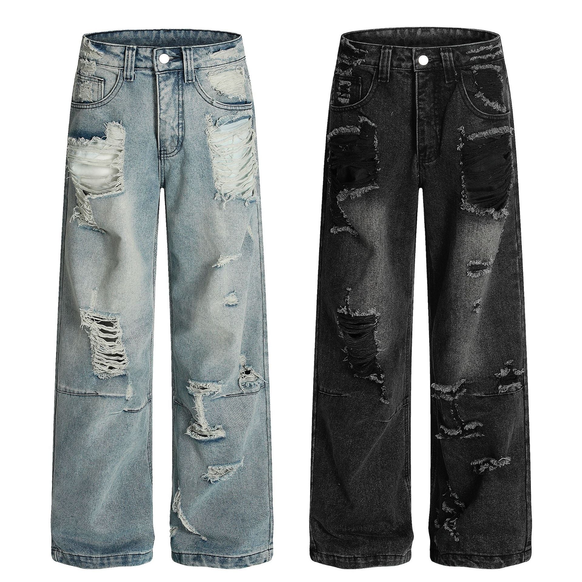 Distressed Wide Leg Jeans Heavy Washed Vintage Look, Unisex Oversized Floor-Length Pants