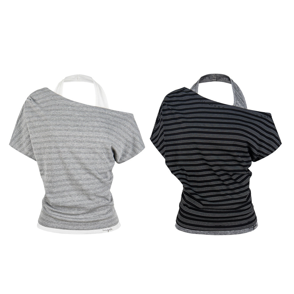 Halter Neck Asymmetrical Two-Piece T-Shirt Stripe Pleated Fitted Cropped Off-Shoulder Top