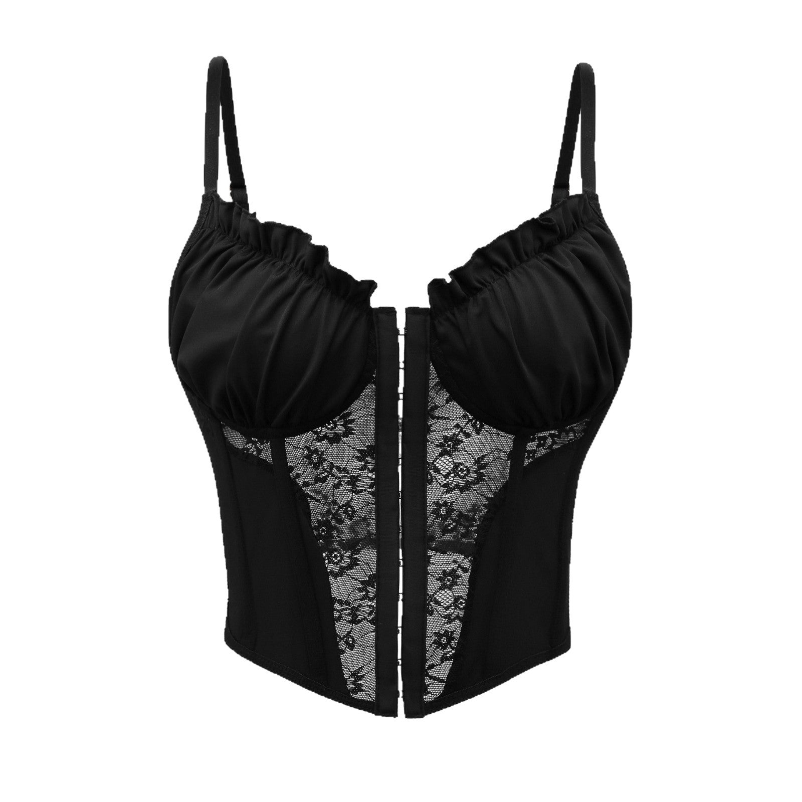 Lace Pleated Ruffled Buttoned Boned Crop Top