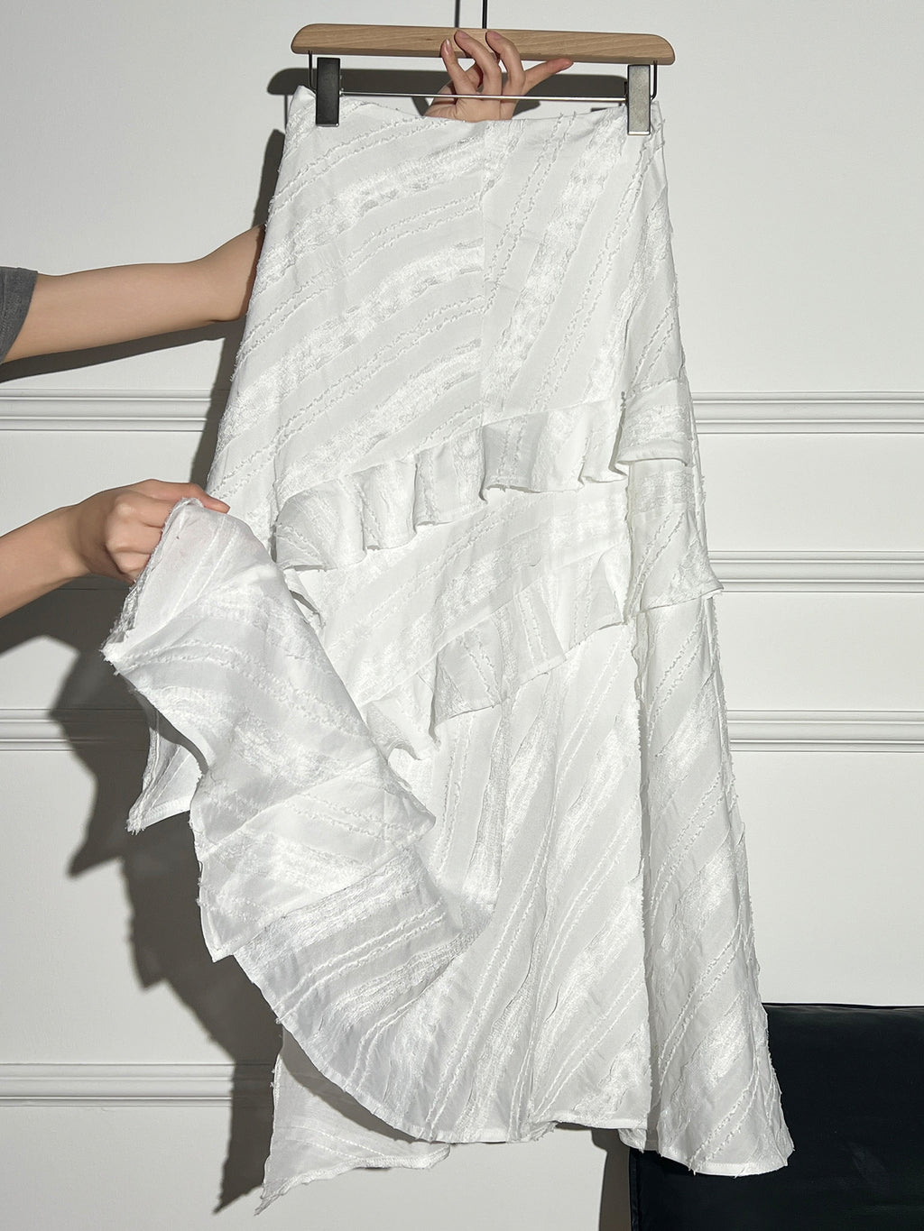 Irregular White A-Line Tiered Skirt High Waist Slimming Midi Skirt for Women