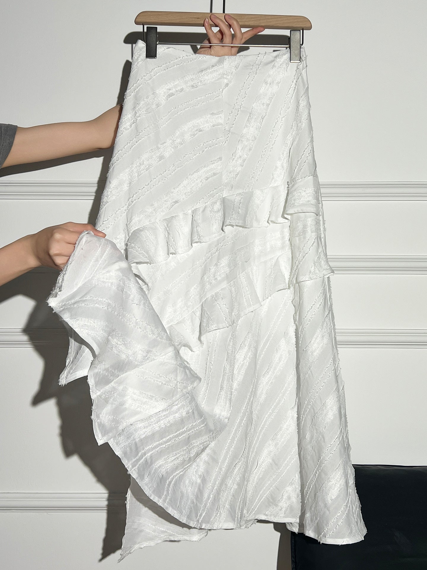 Irregular White A-Line Tiered Skirt High Waist Slimming Midi Skirt for Women