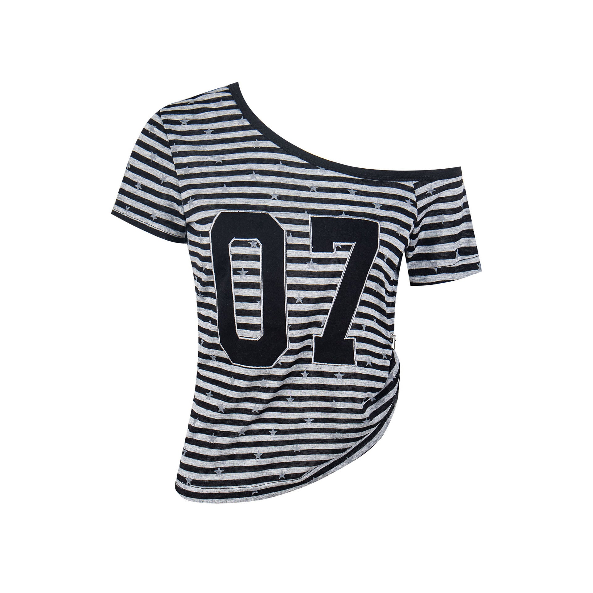 Striped Star Number Asymmetrical Shoulder T-Shirt Single Shoulder Off-Shoulder Slim Fit Crop Top