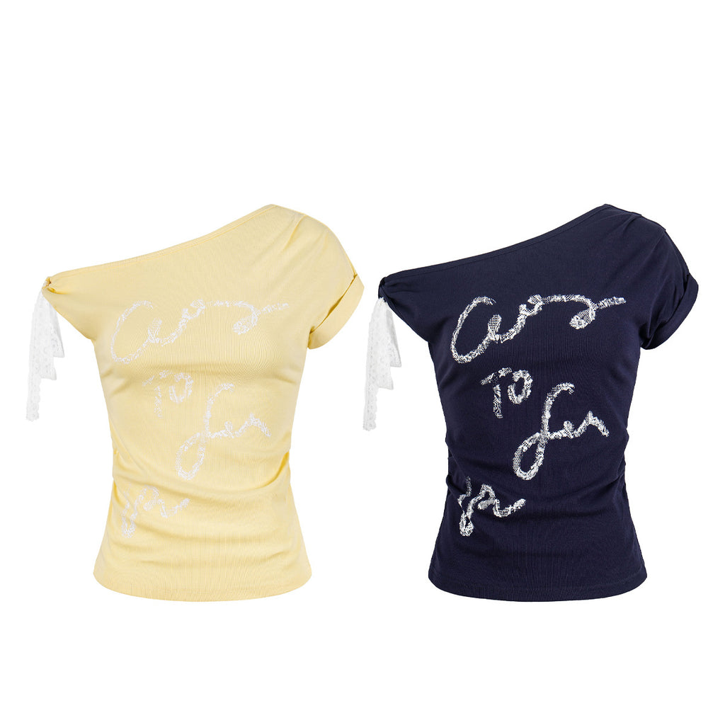 Shoulder Lace-up Silver Letter Print T-shirt Women Fitted Slim Fit Gathered Short Sleeve Top