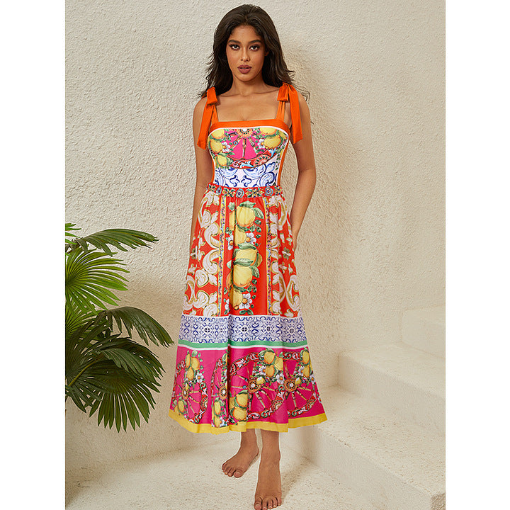 Double-Sided Printed Tie-Bow One-Piece Swimwear Set for Women