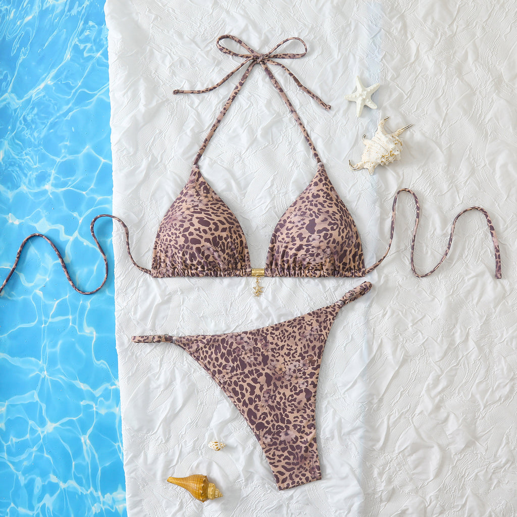 Triangle print suspender neck hanging bikini