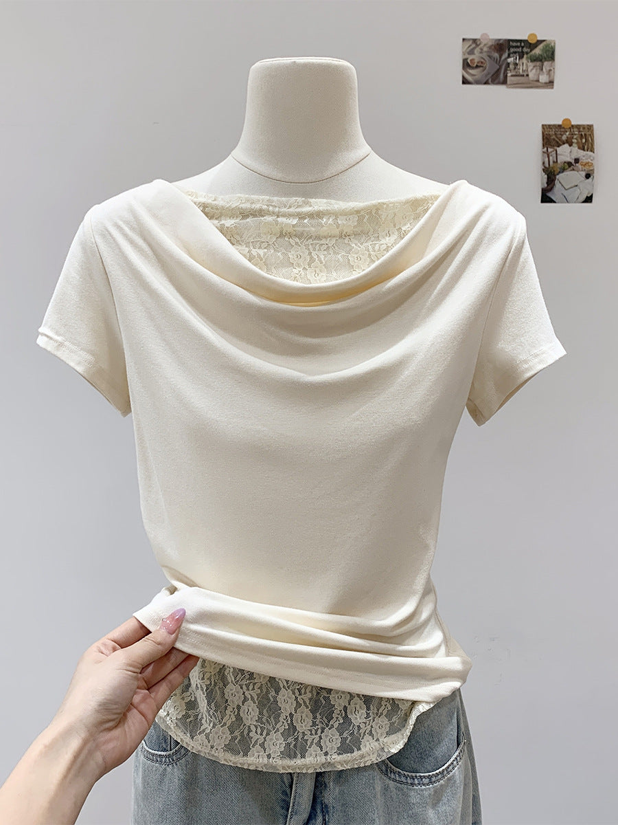 Off-Shoulder Lace Spliced Short Sleeve T-Shirt for Women, Elegant and Sexy Fitted Top with Ruffled Neckline