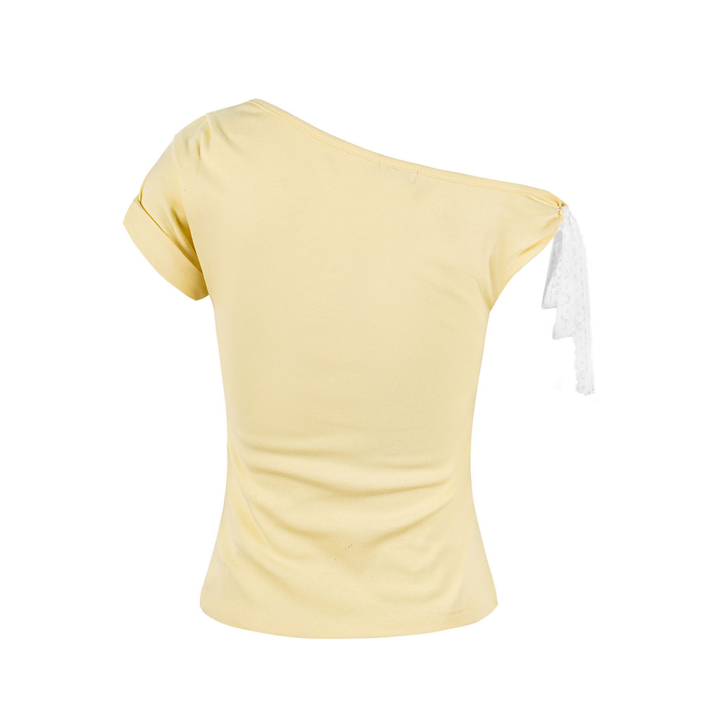 Shoulder Lace-up Silver Letter Print T-shirt Women Fitted Slim Fit Gathered Short Sleeve Top