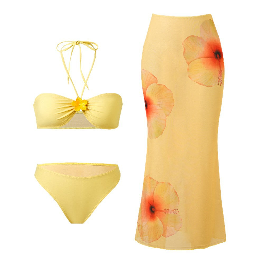 Printed split bikini three piece set
