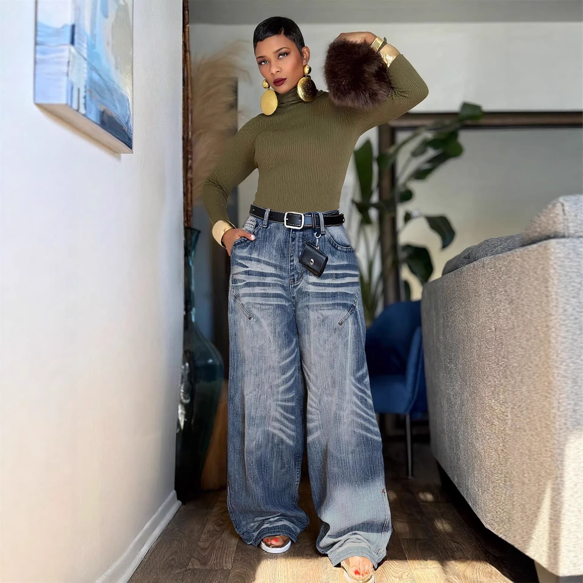 Design Pleated Faded Loose Jeans Pants