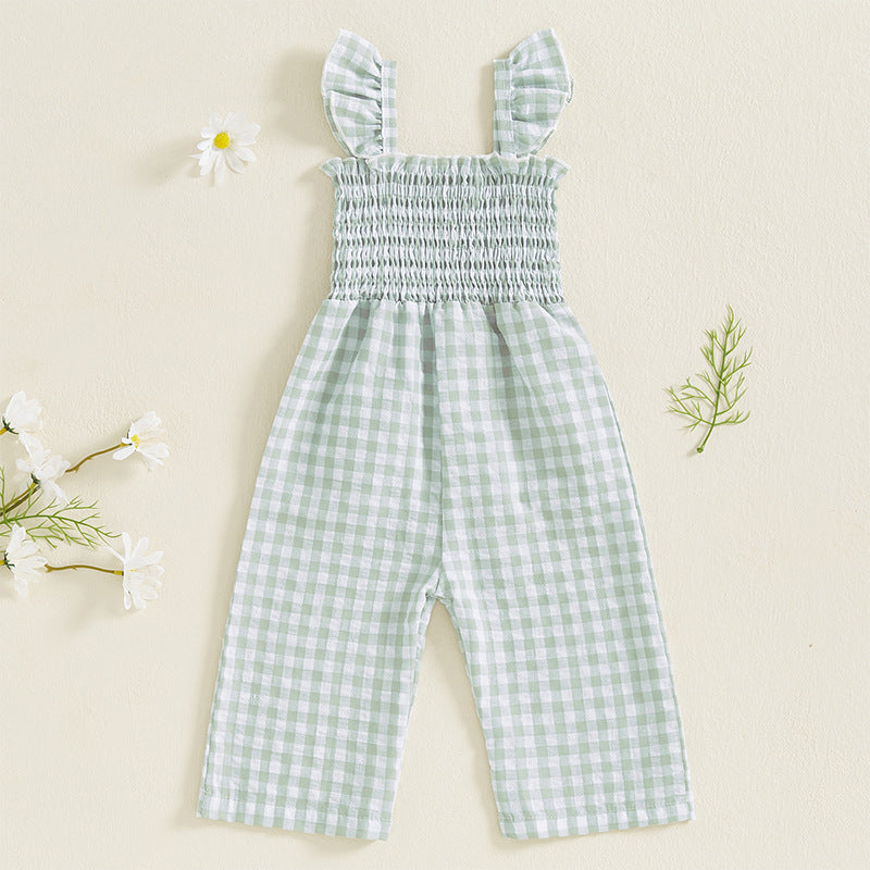 Cute Girl's Summer Plaid Flutter Sleeve Jumpsuit, Lightweight Wide Leg Bodysuit