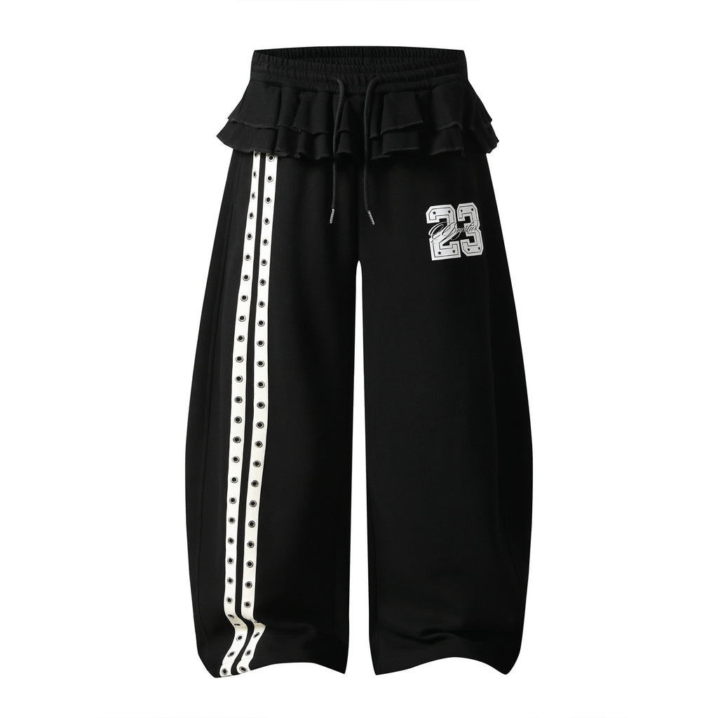 Ruffle Waistband Digital Print Wide Leg Sweatpants Women Drawstring Waist Striped Slimming Long Pants