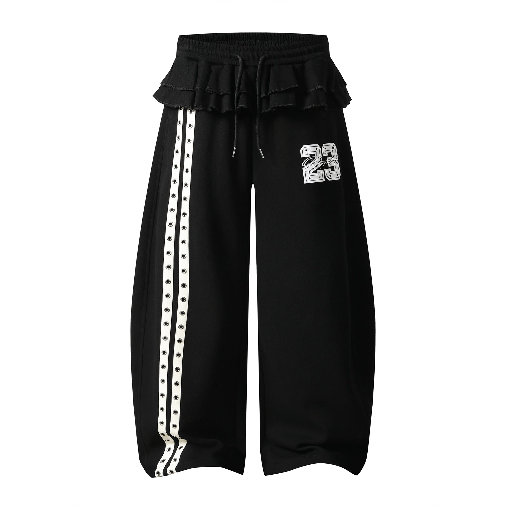 Ruffle Waistband Digital Print Wide Leg Sweatpants Women Drawstring Waist Striped Slimming Long Pants