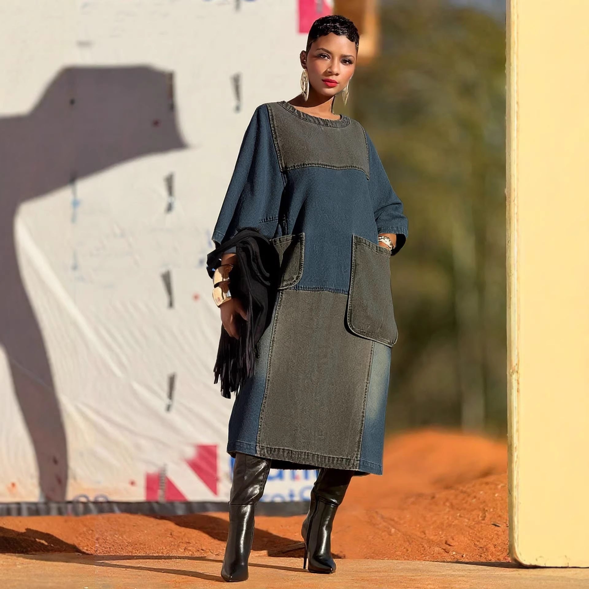 Pocket Loose Denim Dress with  Design and Asymmetrical Hem