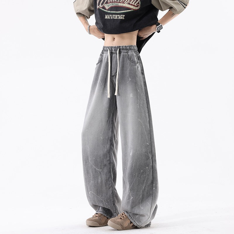Ice Silk Denim Pants Men Retro Loose Basic Versatile Drape Wide Leg Long Pants