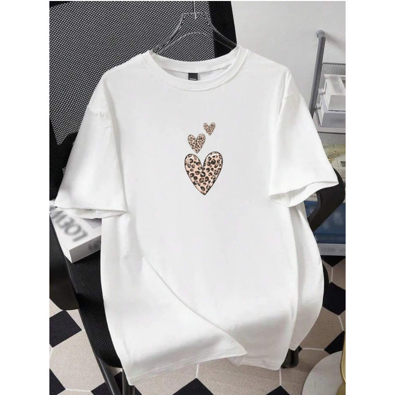 Leopard print heart pattern round neck T-shirt