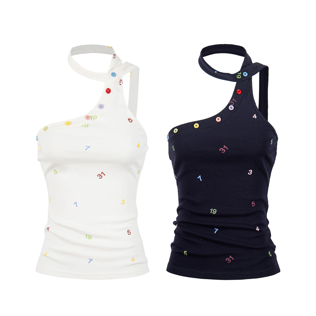 Single Shoulder Strap Crop Top for Women, Digital Print Button Detail Fitted Slimming Top