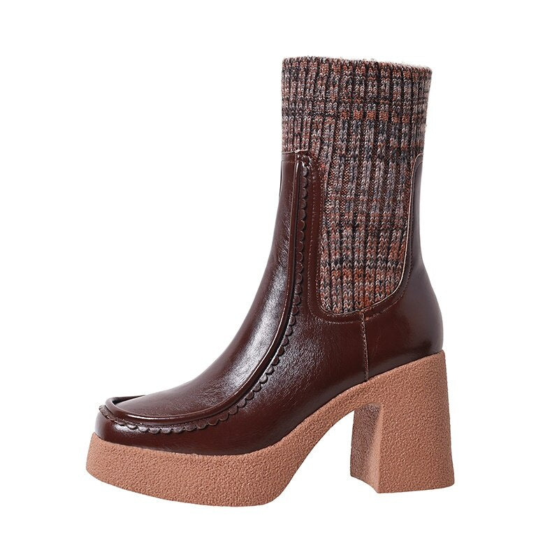 Platform Ankle Boots Woman Shoes Stretch Wool Leather Simple Brand Sock Boots High Heel Autumn Winter Warm Boots