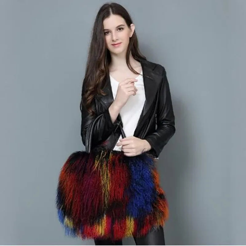 Real Mongolian Fur Bags Australian Beach Wool Fur Shoulder Bag Ladies Tibet Lamb Fur Wrist Bag Large Capacity