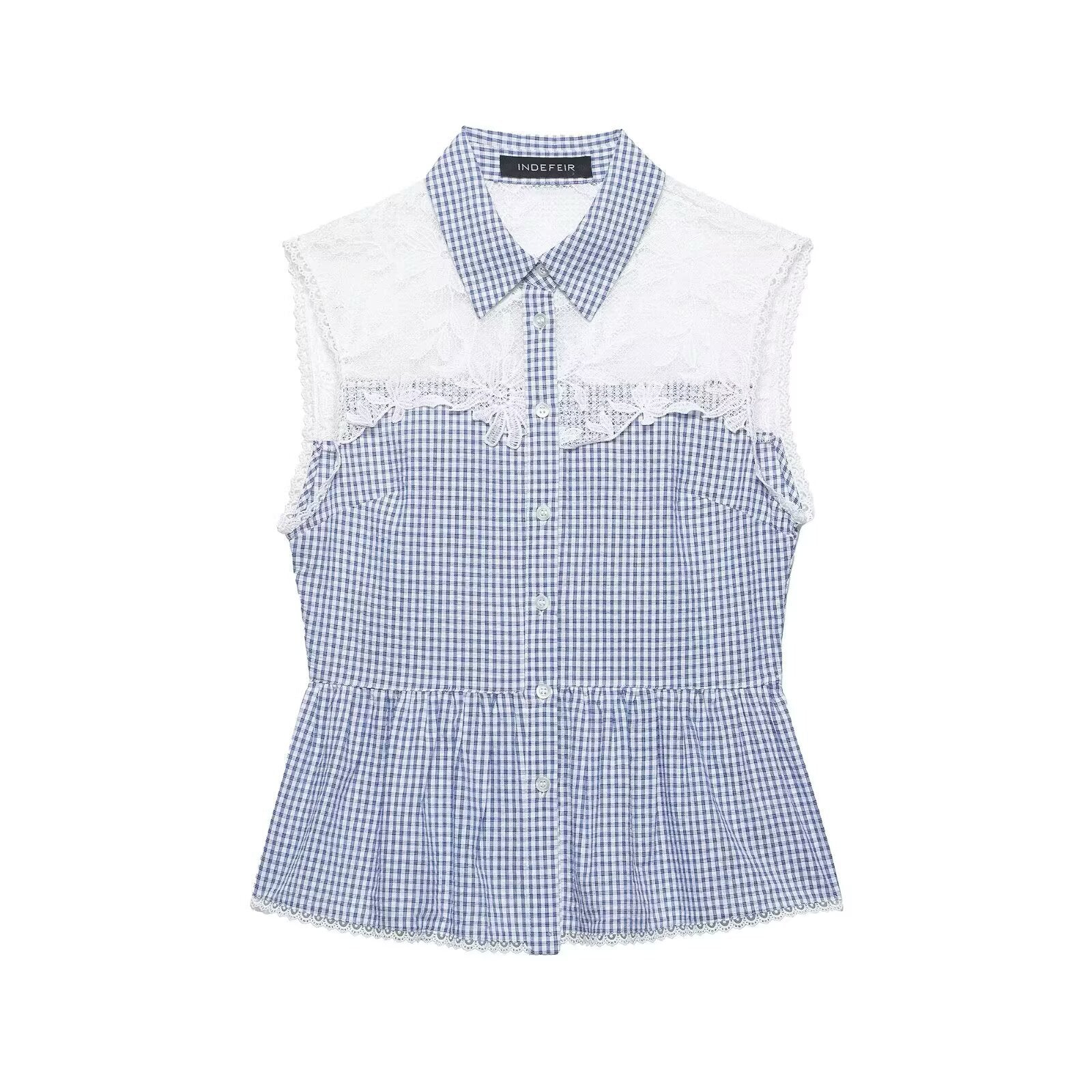 Lace patchwork small plaid sleeveless shirt
