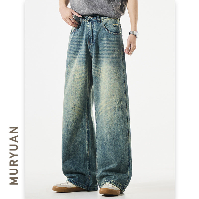 Men's A-line Vintage Denim Pants Washed Loose High Street Floor-Length Trousers