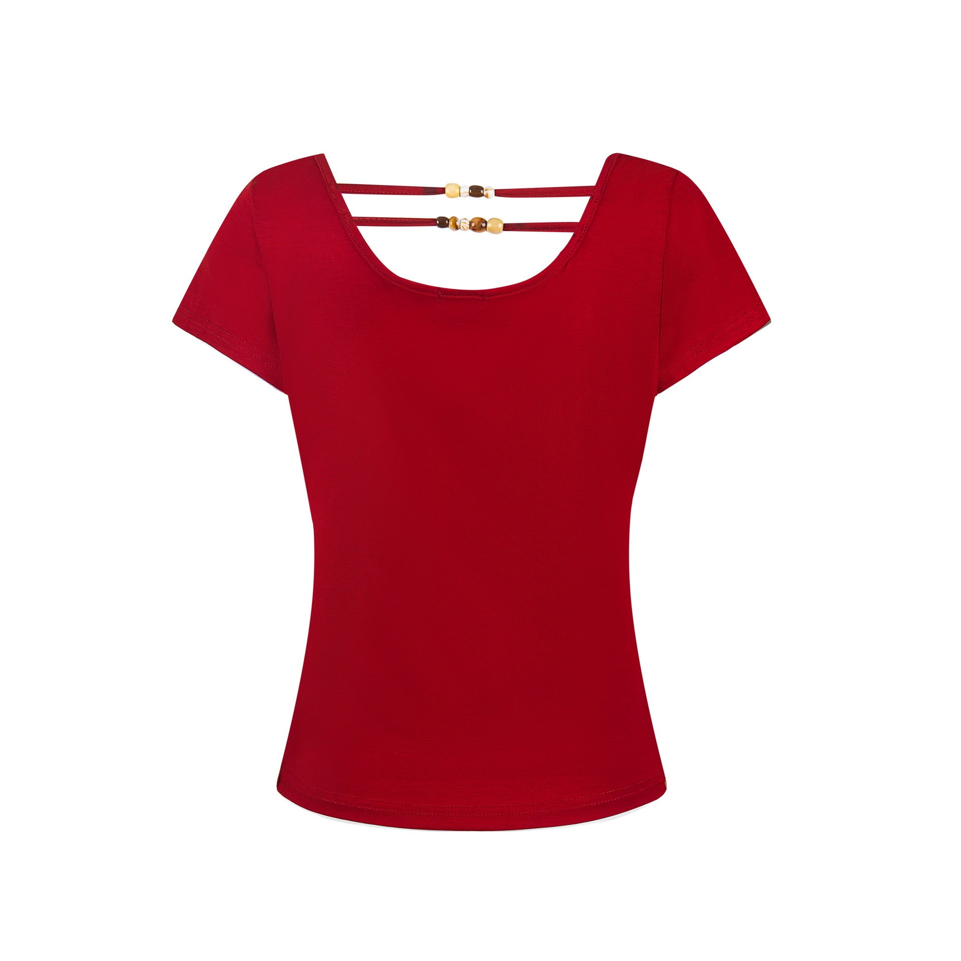 Off-Shoulder Short Sleeve T-Shirt with Back Beaded Detail, Fitted Slim Fit Top