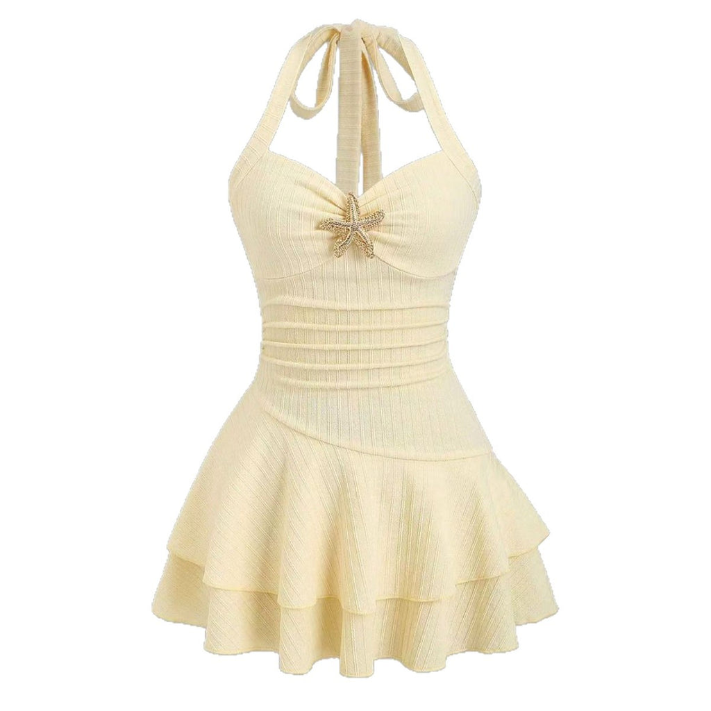 Halter neck slip dress with starfish decoration, pleated, waist-cinching short skirt