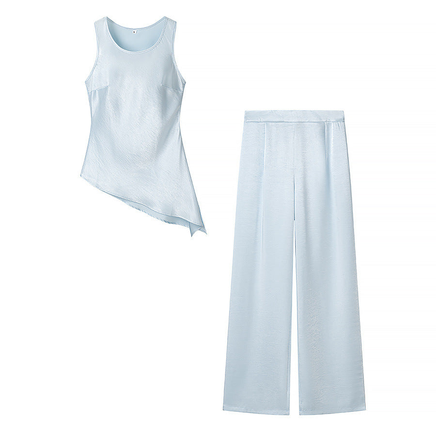 Irregular silk top+pants set