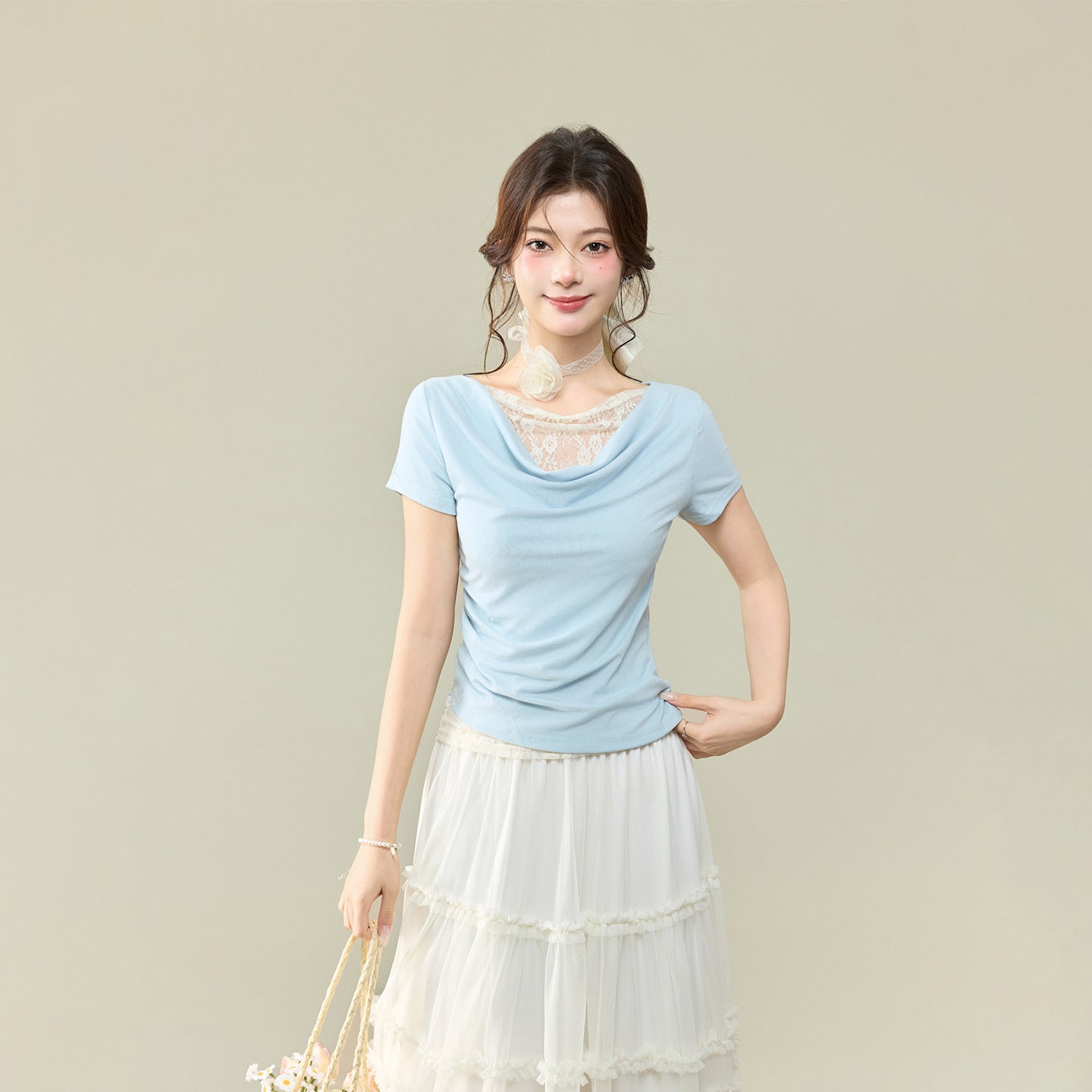 Off-Shoulder Lace Spliced Short Sleeve T-Shirt for Women, Elegant and Sexy Fitted Top with Ruffled Neckline