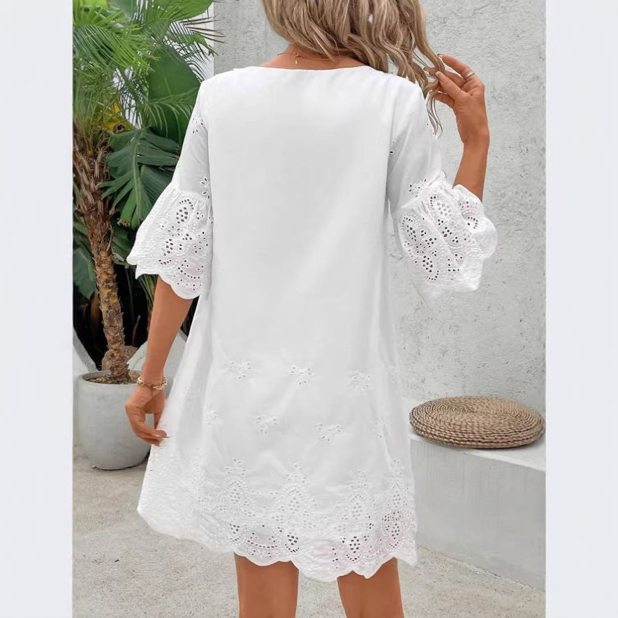 Hollow embroidery solid color five quarter sleeve women's dress