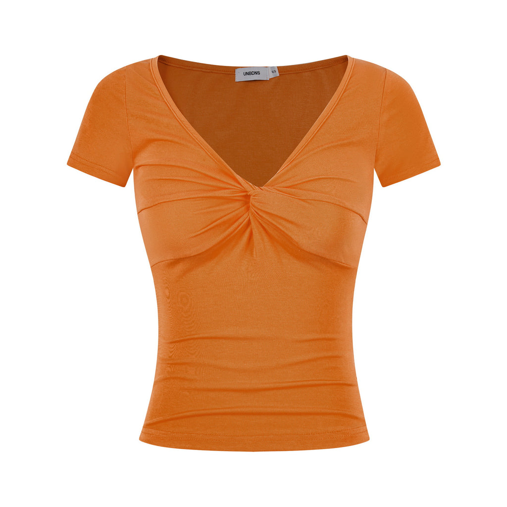 Women's Twisted Knit Detail Fitted V-Neck Casual Short Sleeve Solid Color Minimalist T-Shirt