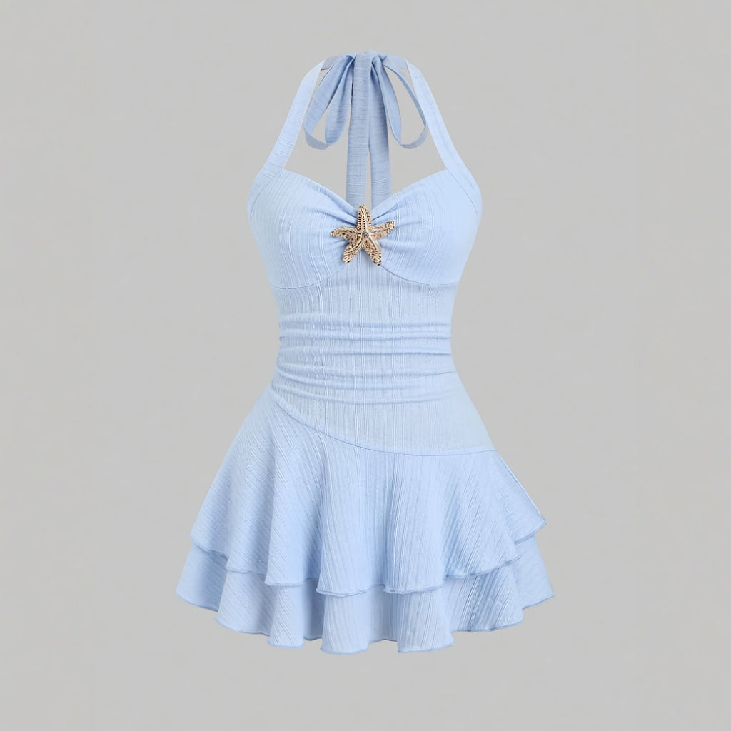 Halter neck slip dress with starfish decoration, pleated, waist-cinching short skirt