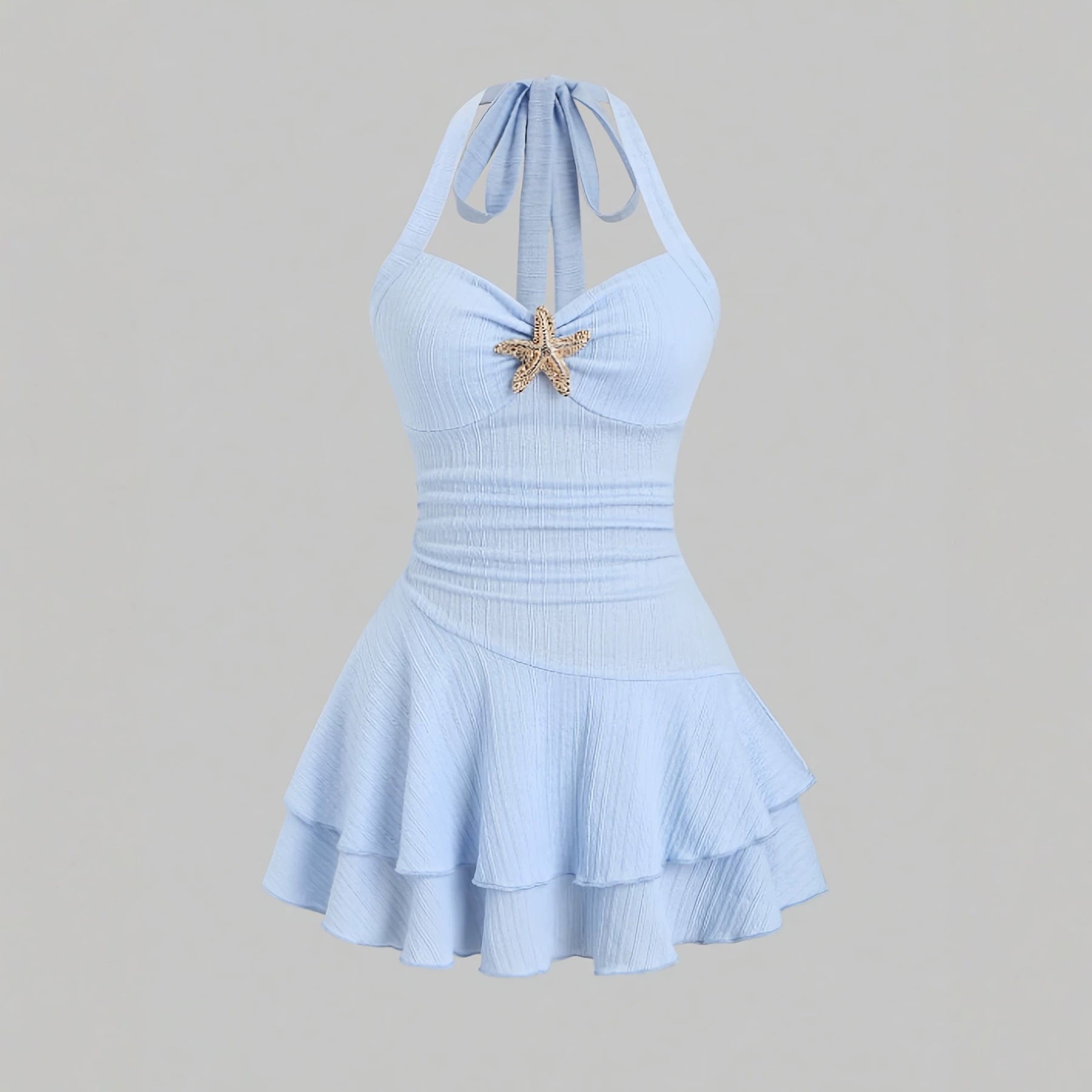 Halter neck slip dress with starfish decoration, pleated, waist-cinching short skirt
