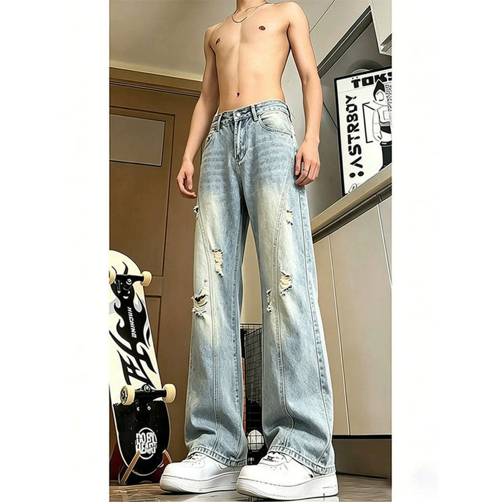 Ripped Denim Pants Men Vibe Straight Leg Slight Flare Pants