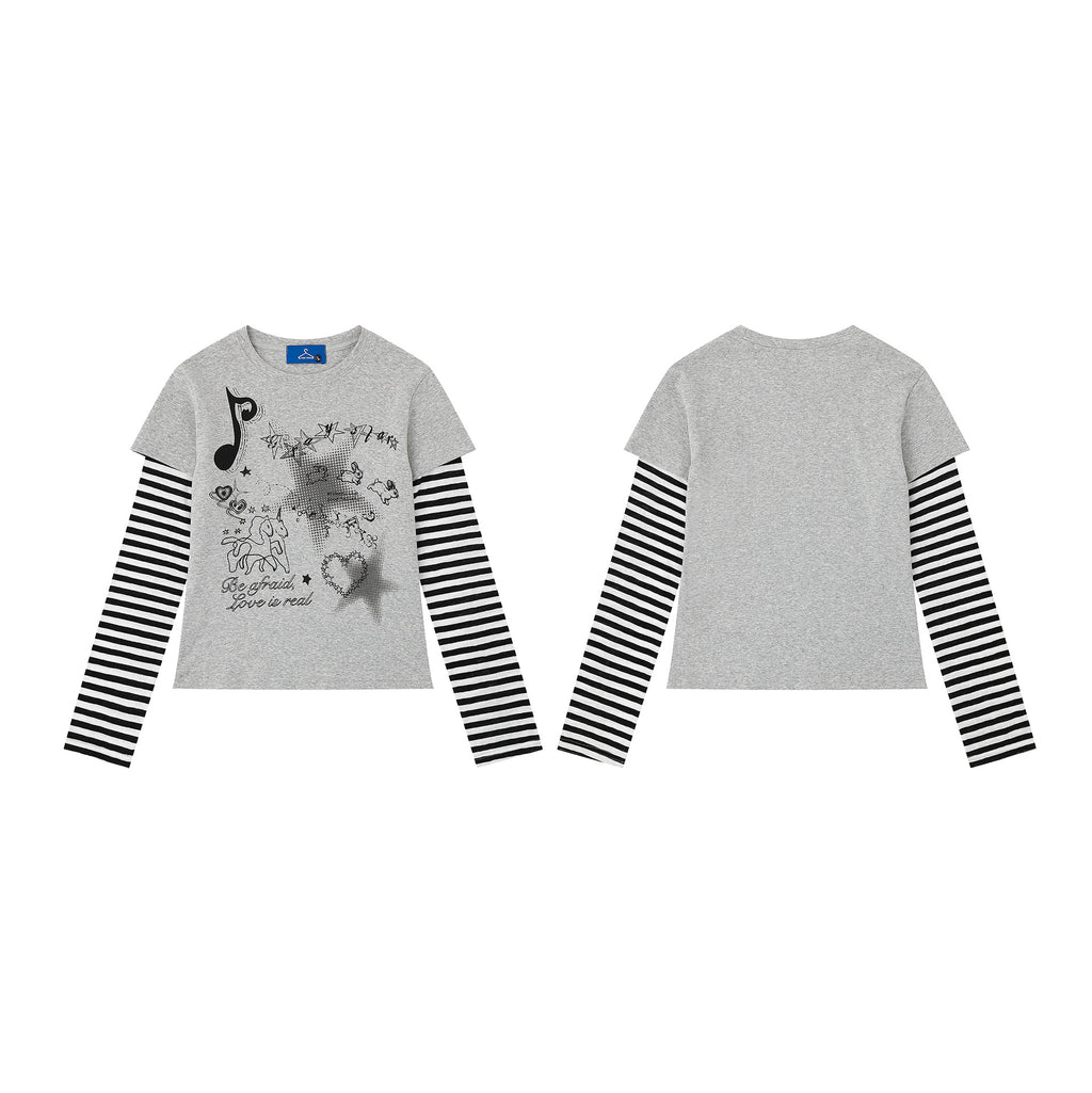 Heart False Two-Piece Long Sleeve Striped Sleeve Slim Fit Sweet Cool Style Top