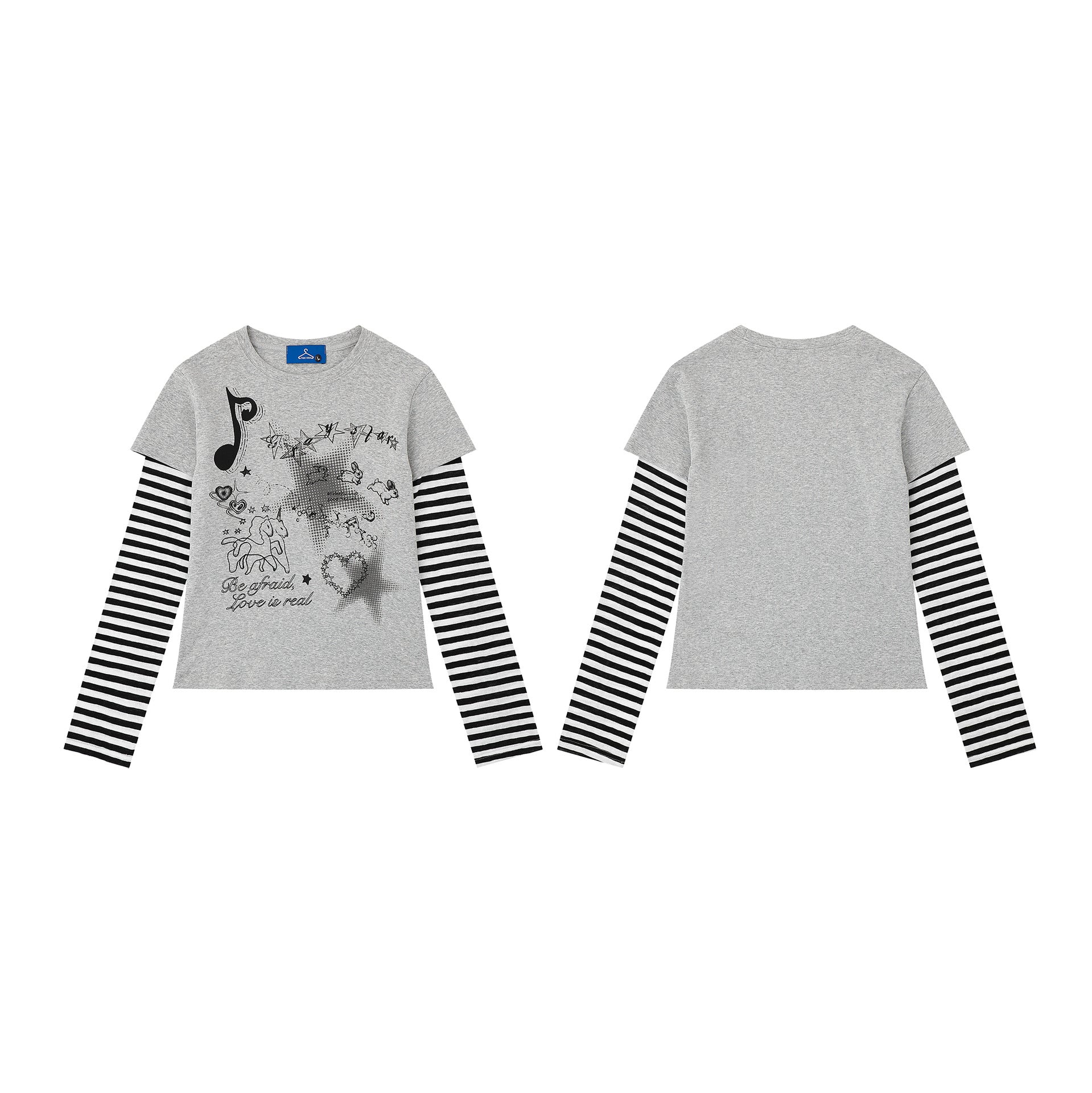 Heart False Two-Piece Long Sleeve Striped Sleeve Slim Fit Sweet Cool Style Top