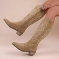 Brown thick heeled mid calf knight boots short boots Western cowboy