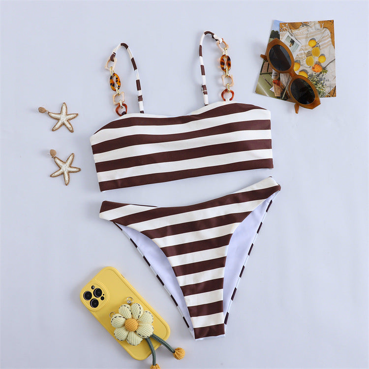 Sexy Stripe Bikini Set Women's Halter Neck Triangular Swimwear for Vacation