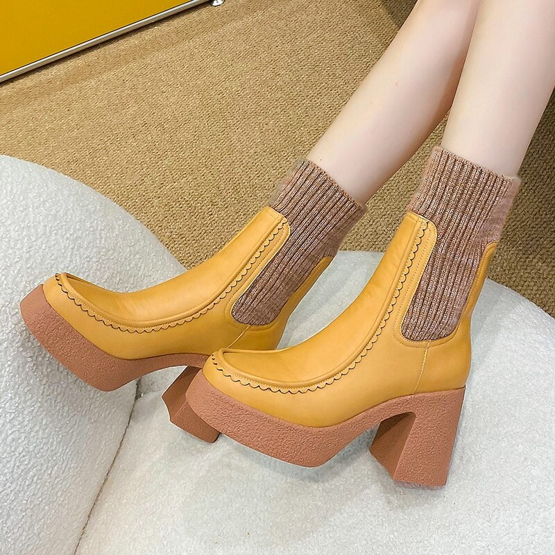 Platform Ankle Boots Woman Shoes Stretch Wool Leather Simple Brand Sock Boots High Heel Autumn Winter Warm Boots